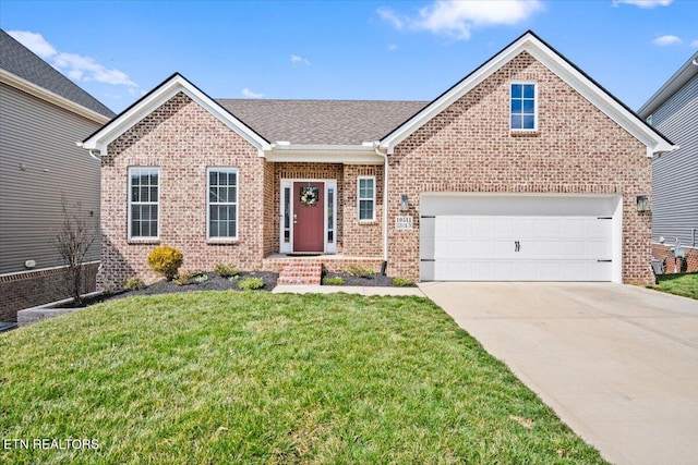 single story home with a garage, brick siding, a shingled roof, concrete driveway, and a front lawn