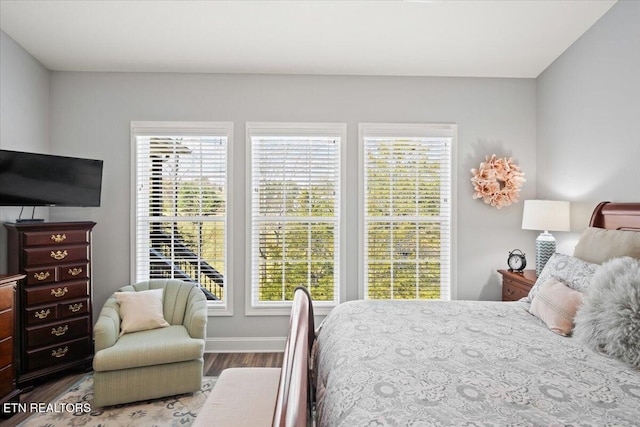 bedroom featuring wood finished floors and baseboards