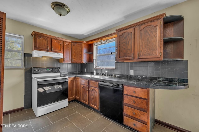 kitchen featuring white range with electric stovetop, dishwasher, under cabinet range hood, open shelves, and a sink