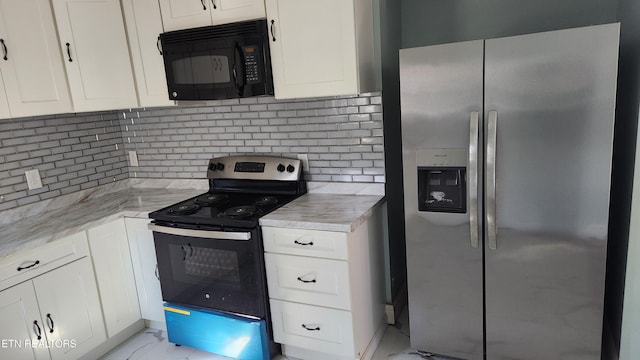 kitchen with marble finish floor, stainless steel appliances, decorative backsplash, white cabinetry, and light stone countertops