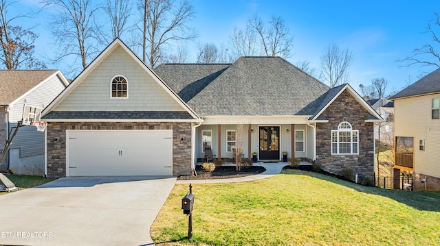 craftsman-style home with a shingled roof, a porch, concrete driveway, and a front yard