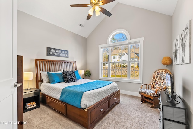 bedroom featuring light colored carpet, visible vents, a ceiling fan, high vaulted ceiling, and baseboards