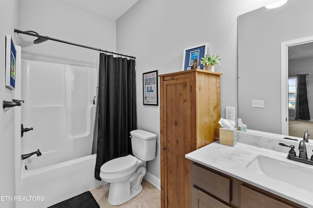 bathroom with toilet, tile patterned flooring, shower / bath combo, and vanity