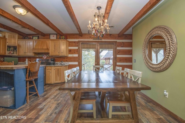 dining room featuring french doors, dark wood-type flooring, beamed ceiling, and baseboards