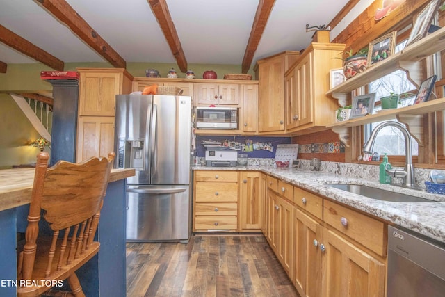 kitchen with beam ceiling, open shelves, stainless steel appliances, dark wood-type flooring, and a sink