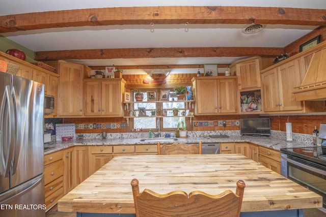 kitchen featuring wood counters, appliances with stainless steel finishes, open shelves, and a sink