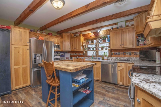 kitchen with open shelves, butcher block countertops, stainless steel appliances, and dark wood finished floors