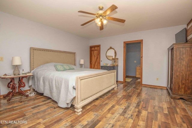 bedroom featuring ceiling fan, baseboards, and hardwood / wood-style flooring