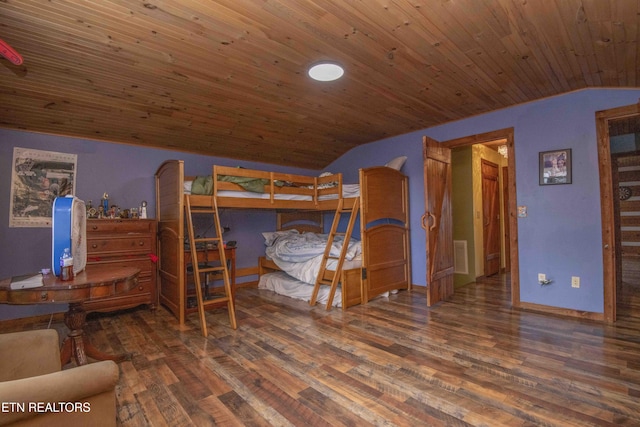 bedroom with wooden ceiling, baseboards, vaulted ceiling, and wood finished floors