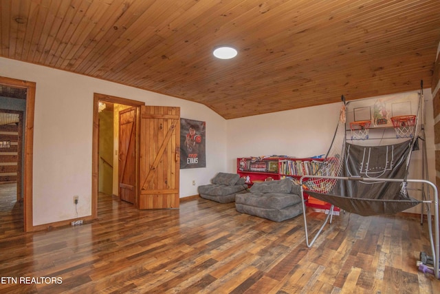 unfurnished room with vaulted ceiling, wood finished floors, wood ceiling, and baseboards