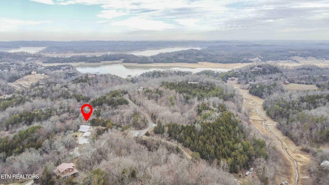 birds eye view of property featuring a water view and a view of trees