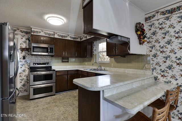 610 Hudson St, Athens, TN 37303 - kitchen with dark brown cabinetry, a peninsula, stainless steel appliances, light countertops, and a sink