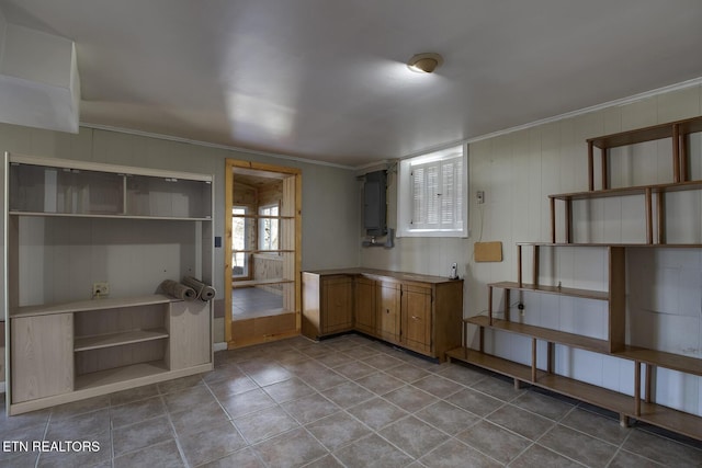 610 Hudson St, Athens, TN 37303 - kitchen with ornamental molding, tile patterned floors, and open shelves
