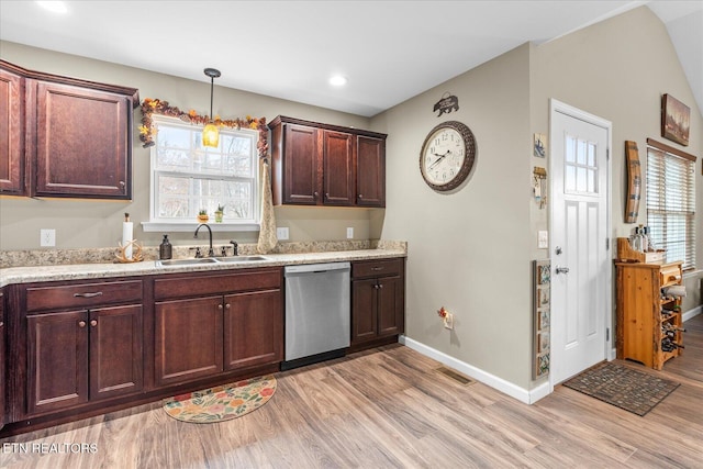 kitchen with a sink, light wood finished floors, visible vents, and stainless steel dishwasher