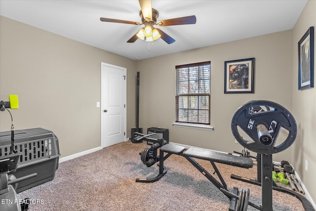 workout room with ceiling fan, carpet flooring, and baseboards