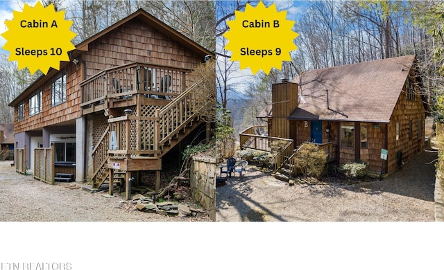 rear view of property featuring roof with shingles, a deck, and stairs