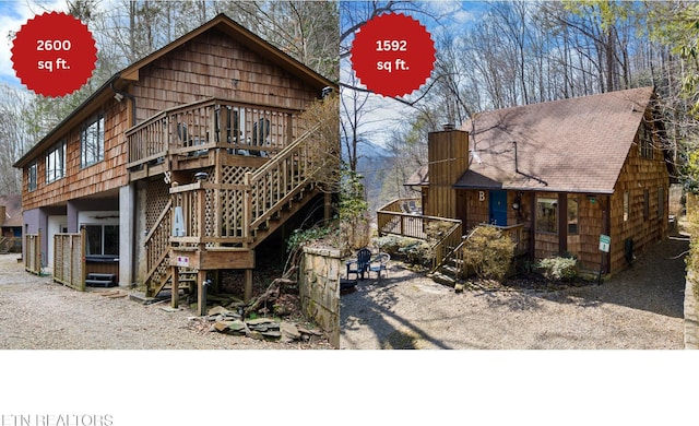 back of house featuring stairs, a shingled roof, a chimney, and a wooden deck