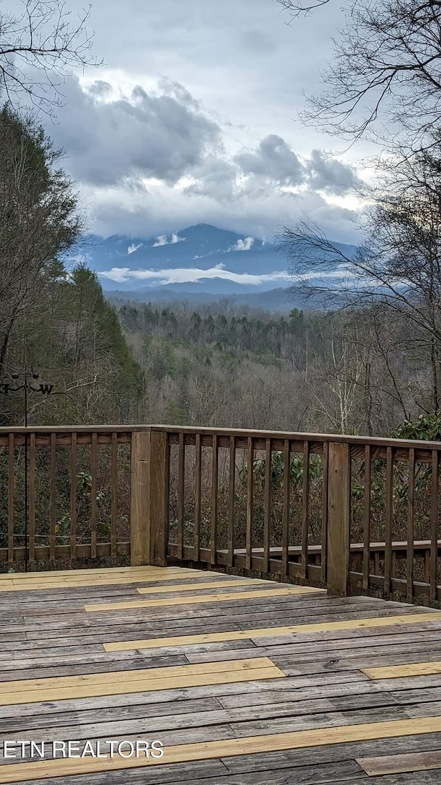 wooden terrace featuring a forest view