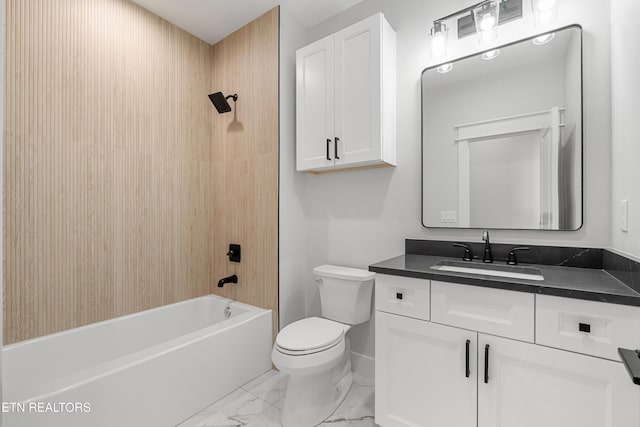 bathroom with toilet, marble finish floor, vanity, baseboards, and shower / bathtub combination