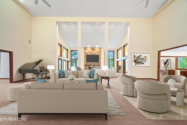 carpeted living area with baseboards, a ceiling fan, and high vaulted ceiling