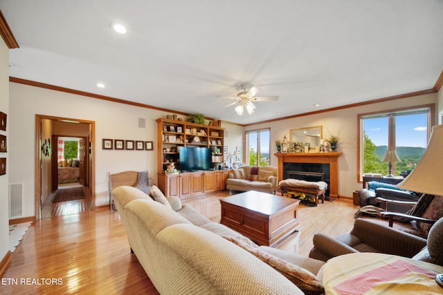living area featuring a ceiling fan, visible vents, ornamental molding, and light wood finished floors