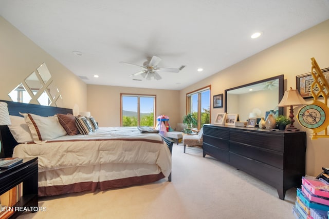 bedroom featuring recessed lighting, carpet, and ceiling fan