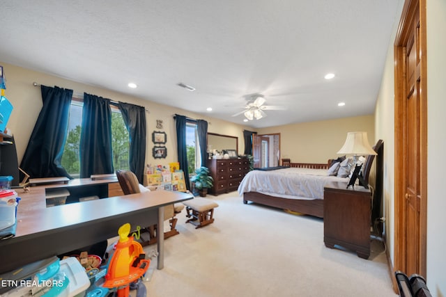 bedroom featuring carpet floors, recessed lighting, a ceiling fan, and visible vents