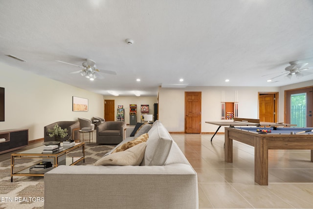 living room featuring light tile patterned floors, pool table, ceiling fan, and recessed lighting