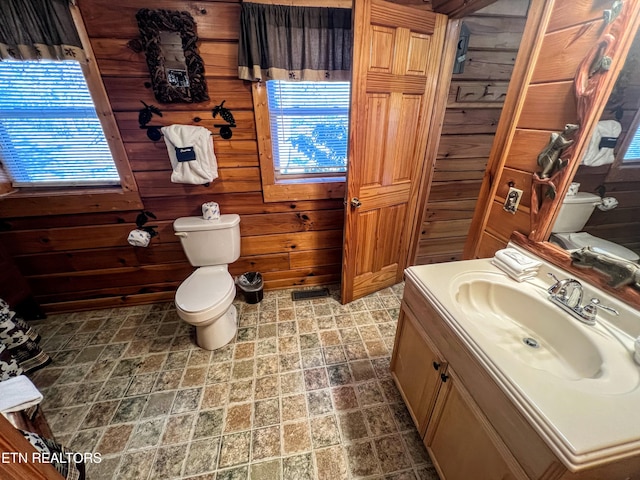 bathroom featuring toilet, wooden walls, and vanity