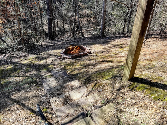 view of yard featuring an outdoor fire pit