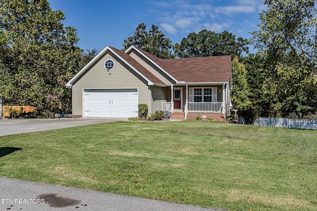 ranch-style house with driveway, an attached garage, covered porch, fence, and a front yard