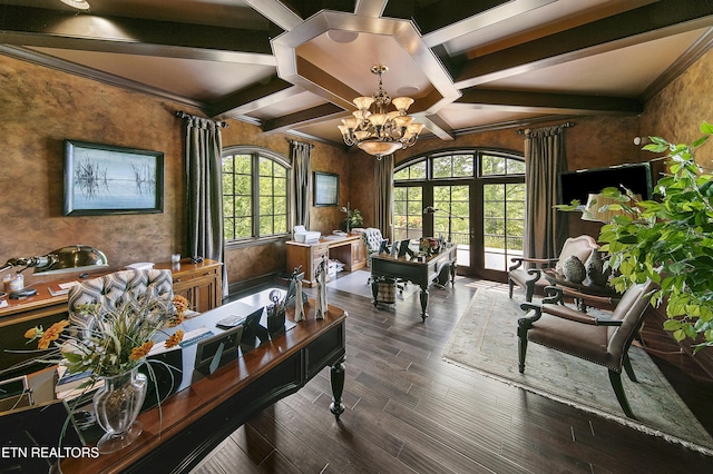 interior space with dark wood-type flooring, french doors, beamed ceiling, and an inviting chandelier