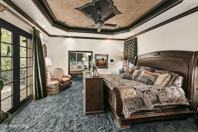 carpeted bedroom featuring french doors, a raised ceiling, a ceiling fan, and crown molding