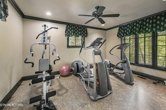 exercise area with a healthy amount of sunlight, visible vents, crown molding, and baseboards