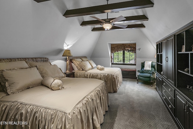 bedroom with carpet flooring, ceiling fan, and lofted ceiling with beams