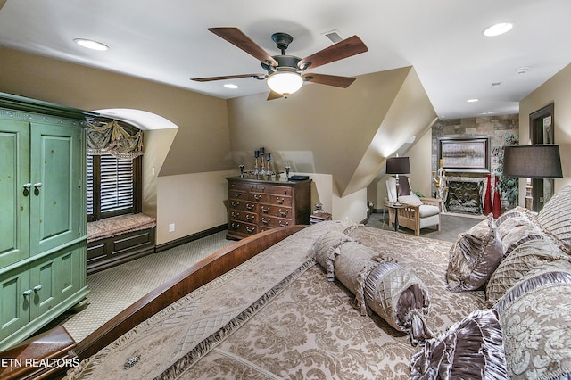 bedroom with ceiling fan, baseboards, carpet flooring, and recessed lighting