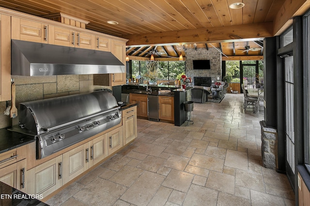 view of patio / terrace featuring area for grilling, a sink, a fireplace, and a grill