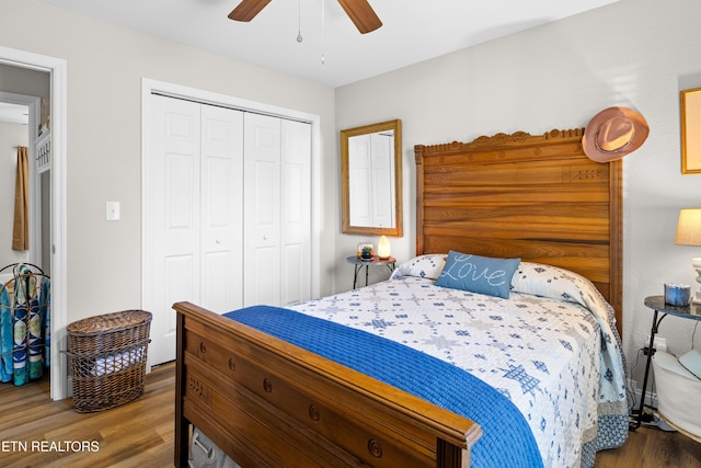 bedroom with a ceiling fan, a closet, and wood finished floors