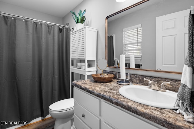 bathroom featuring toilet, wood finished floors, vanity, and a shower with curtain