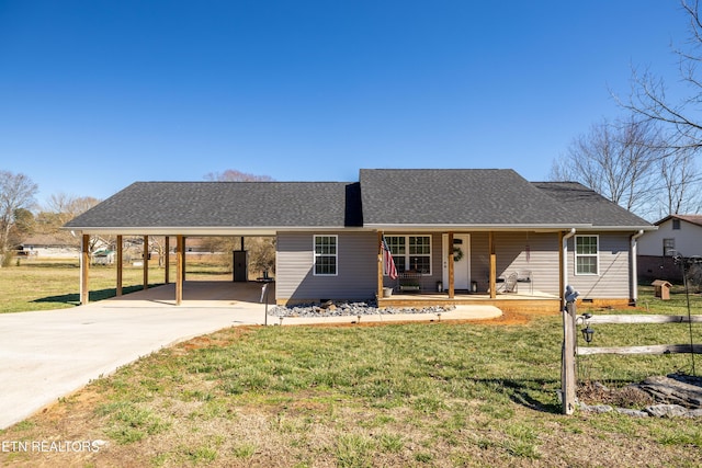 ranch-style house with a carport, a front yard, crawl space, and a shingled roof