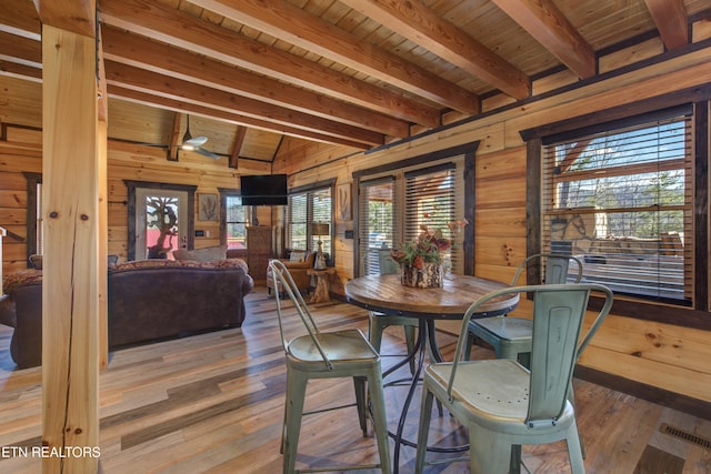 dining area with hardwood / wood-style flooring, wood ceiling, wooden walls, and visible vents