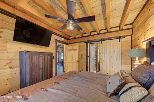 bedroom with wood ceiling, wooden walls, and beamed ceiling