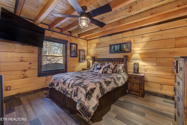 bedroom featuring wooden walls, wood ceiling, beam ceiling, and wood finished floors