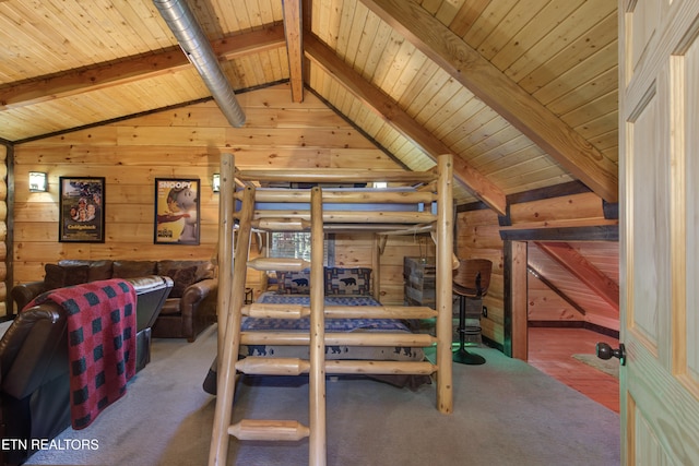 bedroom with lofted ceiling with beams, carpet, wood ceiling, and wooden walls