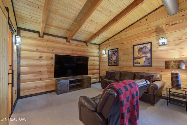 living area with carpet floors, vaulted ceiling with beams, wood ceiling, and wooden walls