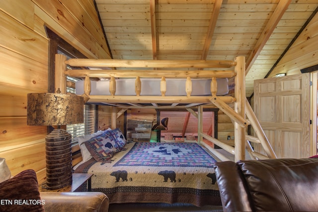 bedroom with vaulted ceiling with beams, wood walls, wooden ceiling, and rustic walls