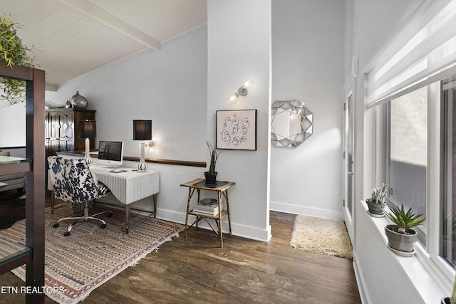 office featuring high vaulted ceiling, beamed ceiling, wood finished floors, and baseboards