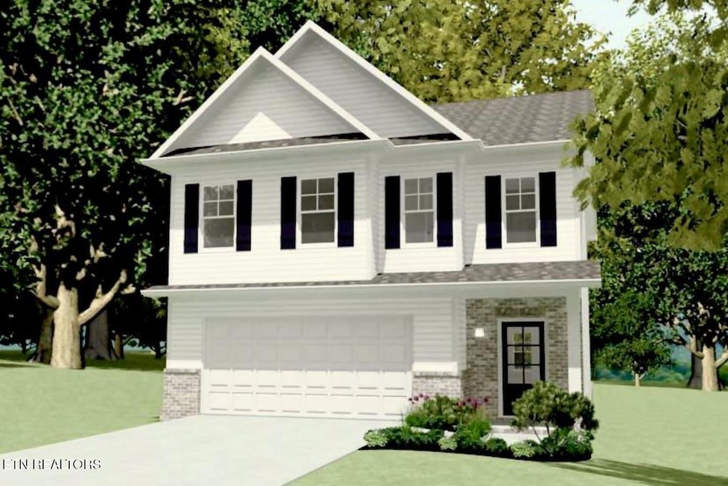 8031 Tree Line Ln, Corryton, TN 37721 - view of front of home with brick siding, a garage, driveway, a shingled roof, and a front lawn