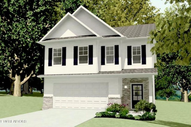 8031 Tree Line Ln, Corryton, TN 37721 - view of front of home with brick siding, a garage, driveway, a shingled roof, and a front lawn