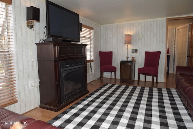 living area with light wood finished floors and a fireplace